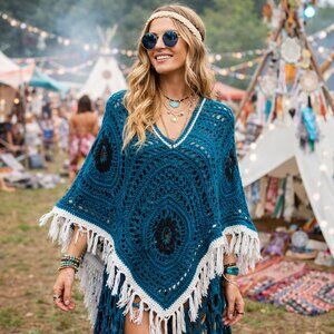 Hand Crafted Crochet Teal Poncho Boho Bohemian Festival Fringe Essential Fall